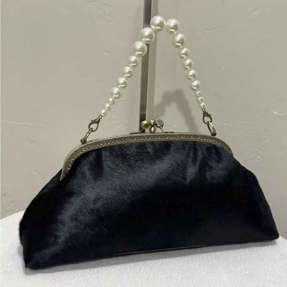 Black Real Hair-on-horsehide Handsewn Double Kiss-lock Clutch Bag/Crossbody
